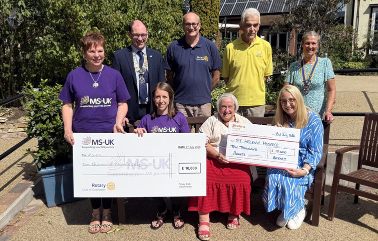 Image: Representatives from four local Rotary Clubs presented cheques for £10,000 each to St Helena Hospice and to MS-UK, raised through the 2026 Colchester 10k run.