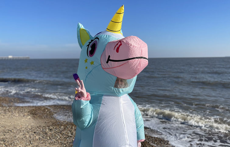 Image: Fundraiser at St Helena is walking 40 miles across communities supported by the hospice in the home team dressed as a unicorn