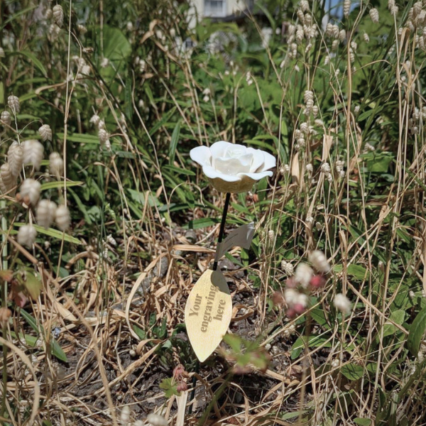 A remembrance rose with an engraved leaf
