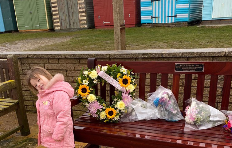 Image: Arabella by her mum's memorial bench