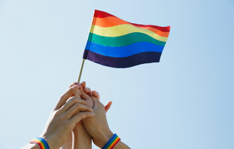 Hands holding Pride flag