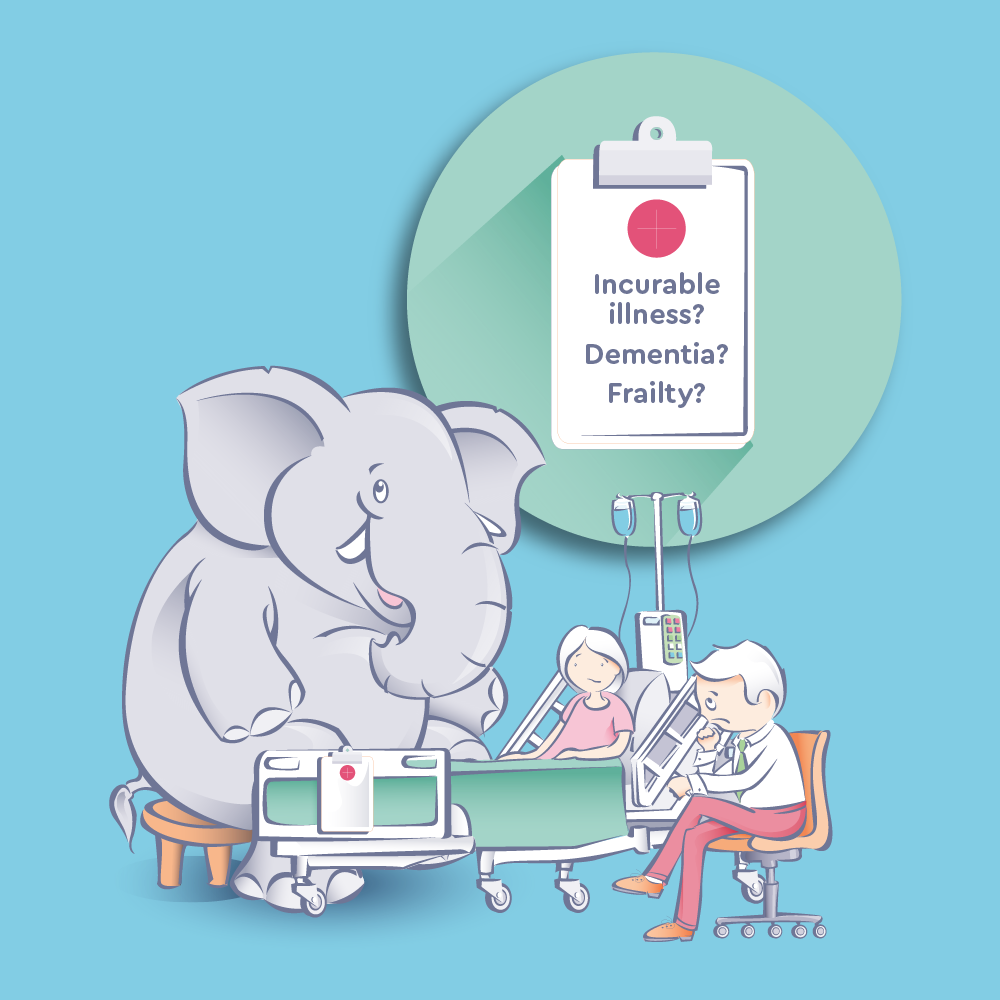 An elephant sits at the end of a patient's bed.