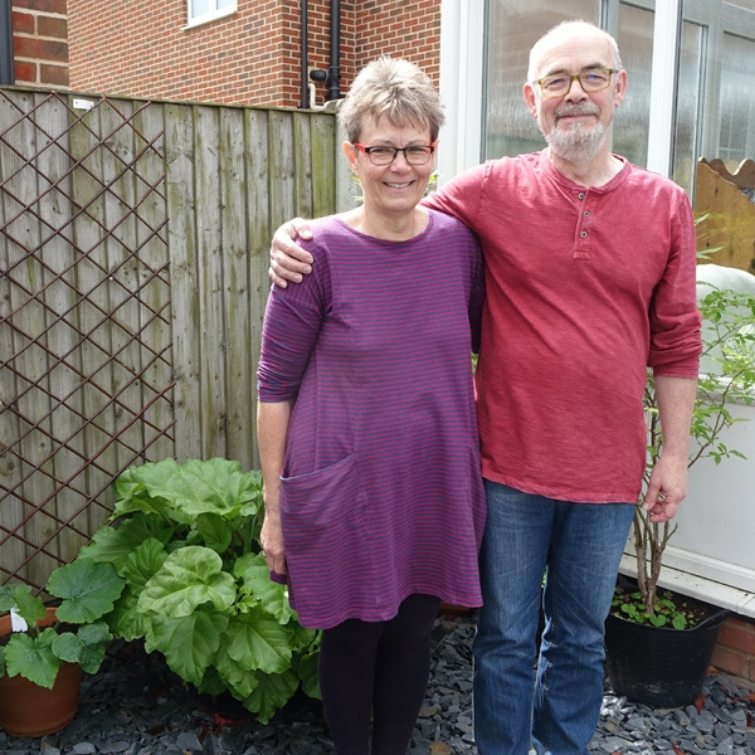 Bev and Nick next to the rhubarb