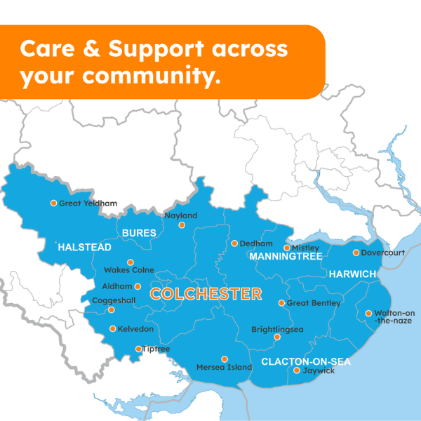 A map of Colchester and surrounding areas showing all the places St Helena Care & Support covers. This includes: Great Yeldham, Halsted, Bures, Wakes Colne, Aldham, Coggeshall, Kelvedon, Tiptree, Nayland,  Colchester, Mersea Island, Dedham, Mistley, Manningtree, Great Bentley, Brightlingsea, Clacton, Jaywick, Dovercourt, Harwich and Walton-on-the-naze.