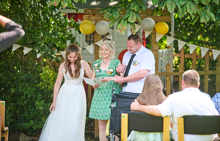 Catherine at the wedding of her daughter in the hospice garden